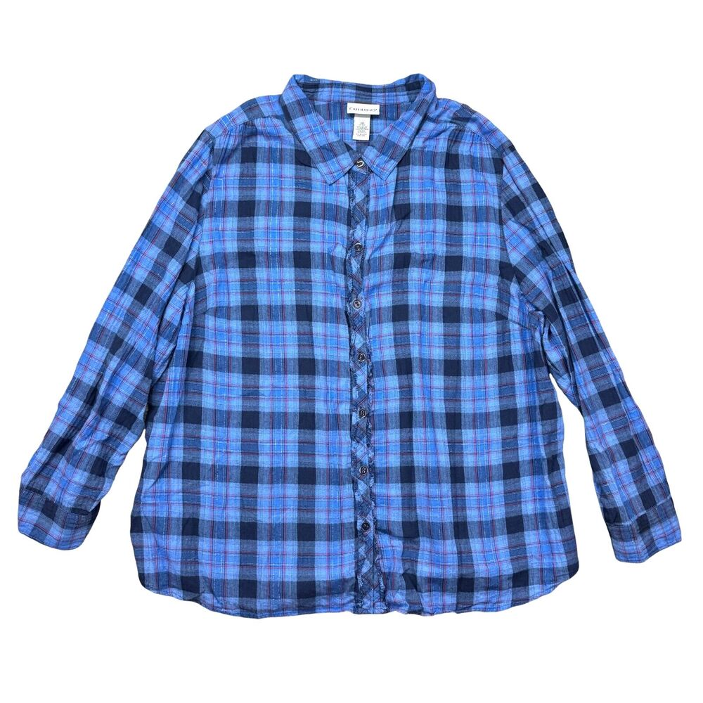 Catherines Top Women’s 2X (22-24W) Blue Red Sparkle Plaid Flannel Button Up Soft